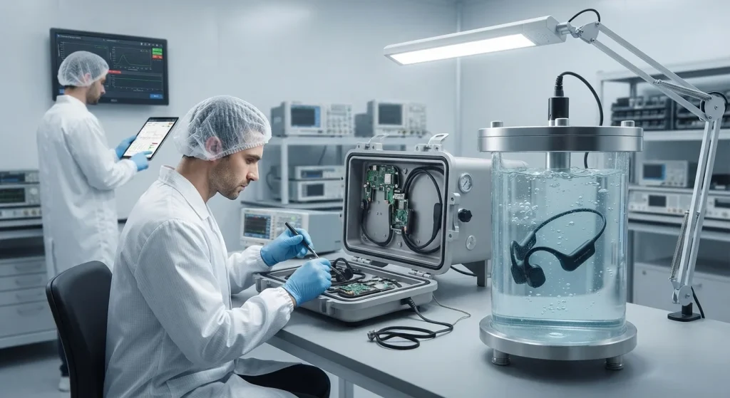 Waterproof swimming headphones quality testing and IPX8 manufacturing