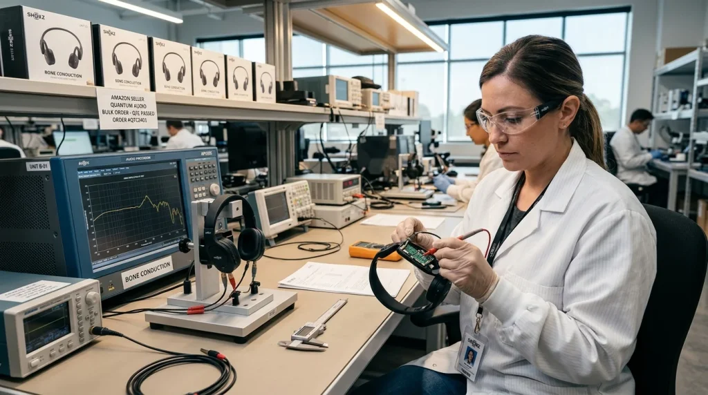 Amazon seller checking bone conduction headphones quality before bulk order
