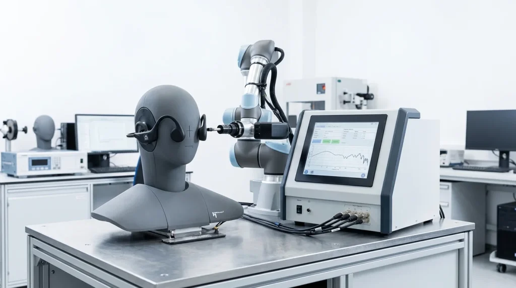 Bone conduction headphones placed on acoustic testing bench inside a specialized bone conduction headphones factory