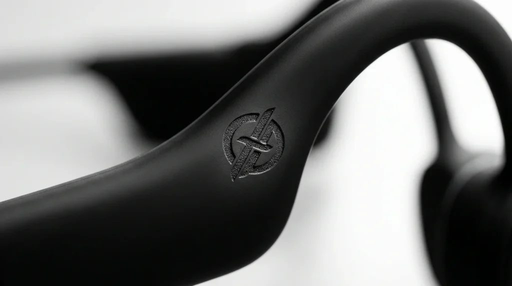 Custom laser logo engraving detail on liquid silicone neckband for bone conduction headphones private label projects