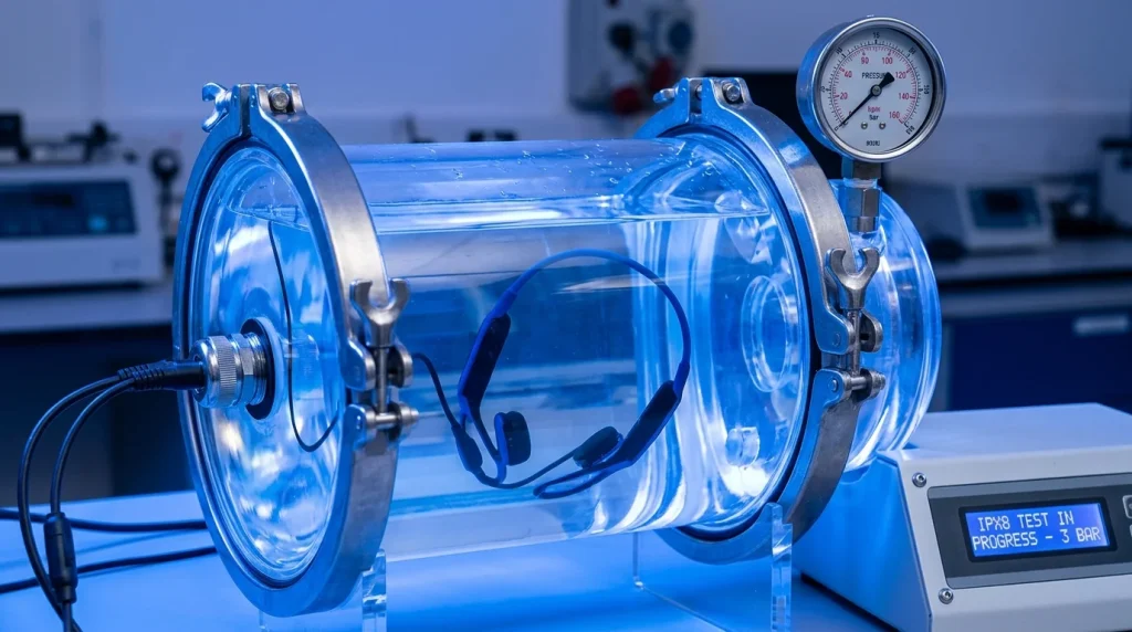 IPX8 waterproof bone conduction headphones undergoing submerged water pressure chamber testing